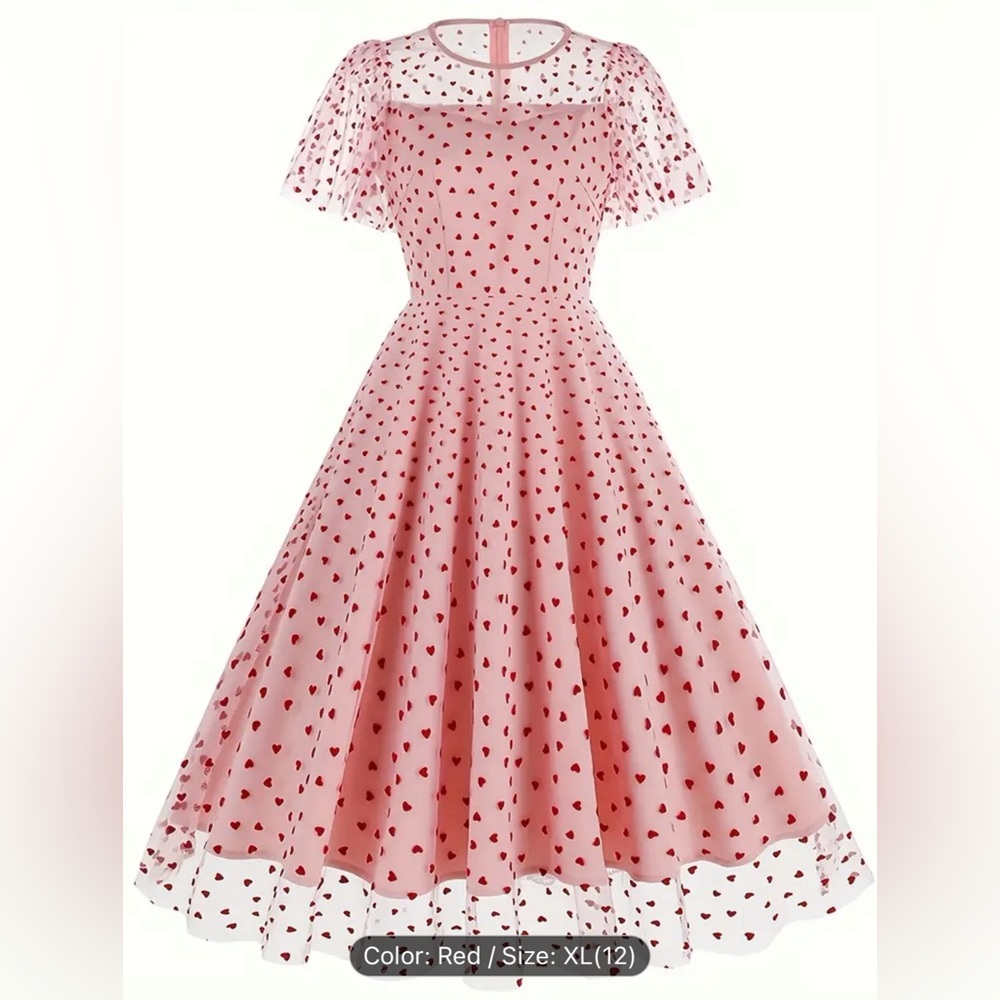 Heart Print Mesh Overlay Vintage style Flare Dress ❤️